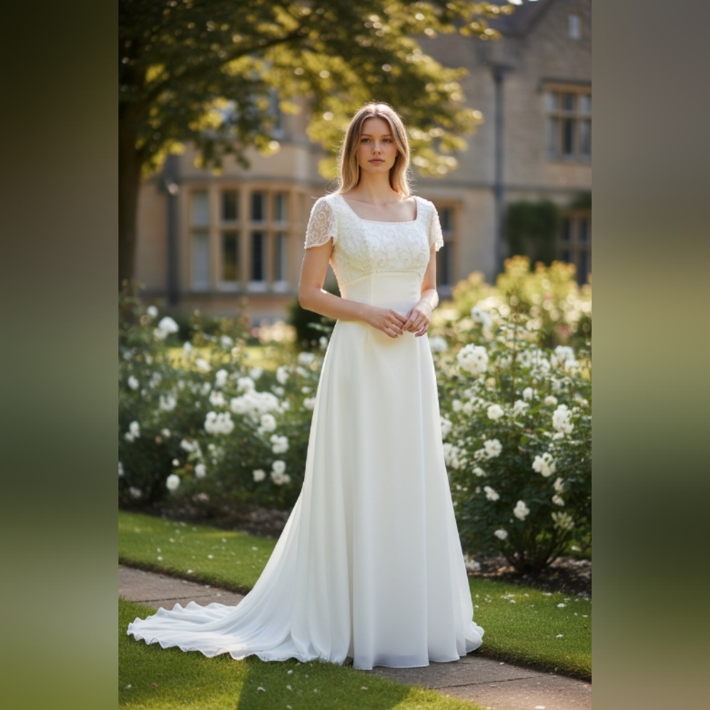 MORI LEE Elegant White Lace Wedding Dress With Scarf SIZE 6